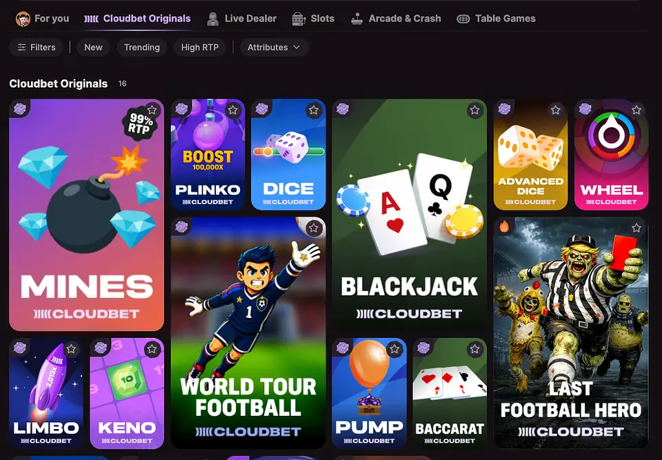 Cloudbet casino lobby with slot, live and Originals game tiles
