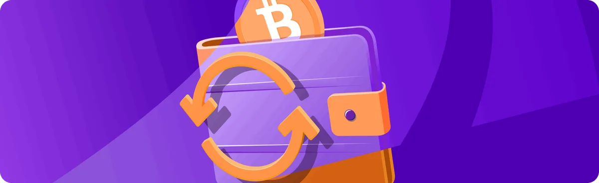 Crypto wallet with a bitcoin coin and refresh arrows, illustrating a retried deposit