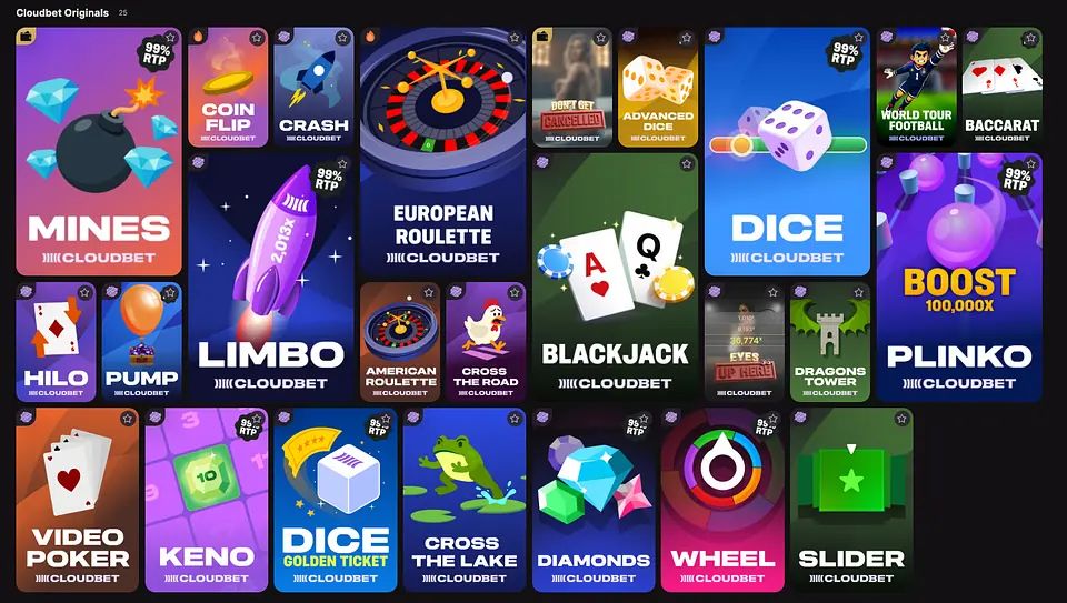 Cloudbet Originals games lobby with provably fair titles